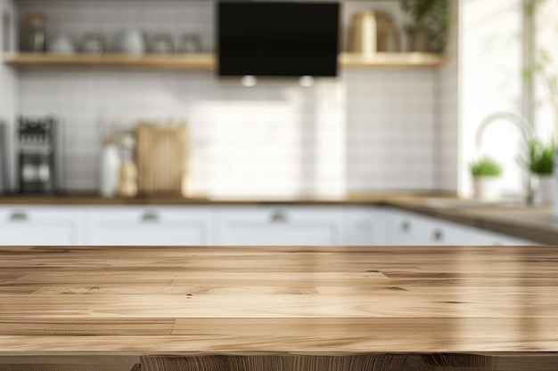 Empty wood table top and blur bokeh modern kitchen interior