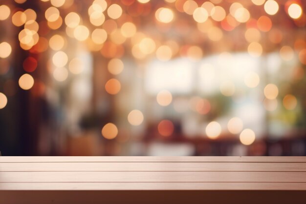 Empty wood table top and blur coffee shop with bokeh background