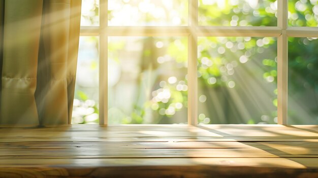 Empty of wood table top on blur of curtain window and abstract green from garden wit Generative AI