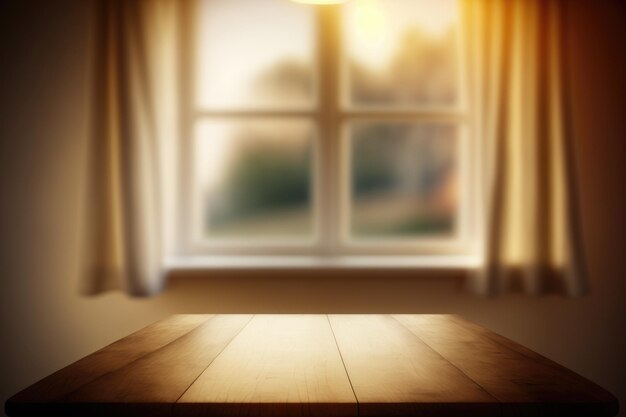 Empty of wood table top on blur of curtain window glass with sunlight background Generative AI