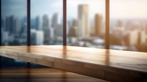 Empty wood table top and blur glass window wall building banner mock up AI Generative