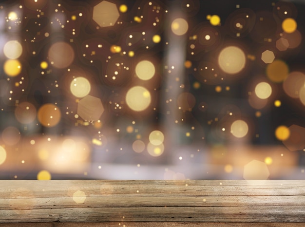 Empty wood table top on blur light bokeh background