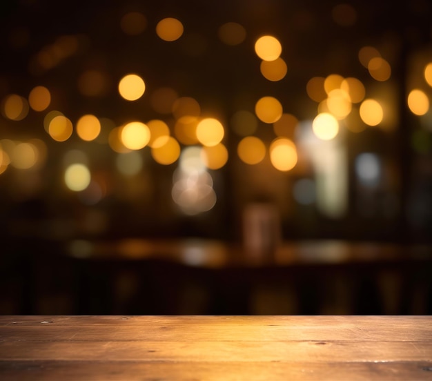 Empty wood table top on blur light gold bokeh of cafe restaurant