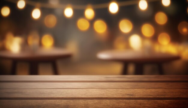 Empty wood table top on blur light soft bokeh background Generative AI