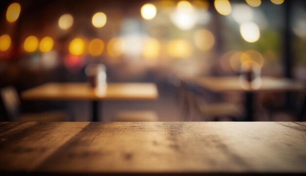 Empty wood table top on blur light soft bokeh background Generative AI