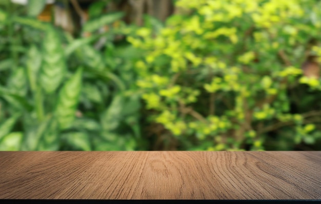 Empty wood table top and blur of out door garden background Empty wooden table space for text marketing promotion blank wood table copy space