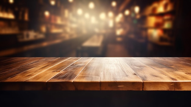 Empty wood table top on blured background of bar Generative AI Image