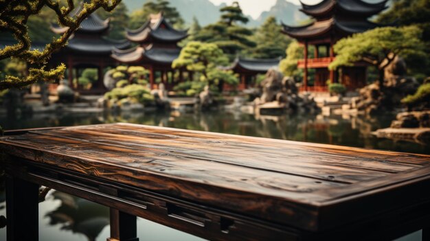 Photo empty wood table top and a blurred chinese garden with a pond and ancient temple in the background