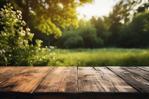 Tavolo di legno vuoto e giardino sfocato con bokeh e luce solare prodotto e display generative ai