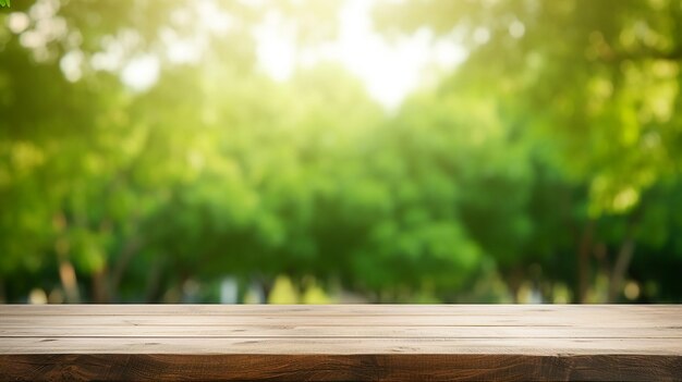 empty wood table top and blurred green tree with sunlight