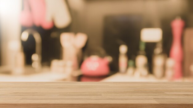 Empty wood table top and blurred kitchen interior background with vintage filter.