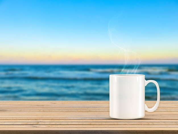 Photo empty wood table top and blurred sea banner background