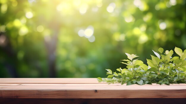 empty wood table top and blurred summer tree and summer leaf background