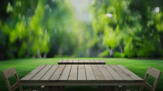 空の木製のテーブルトップと緑の木の庭のボケの背景からのぼんやりした景色