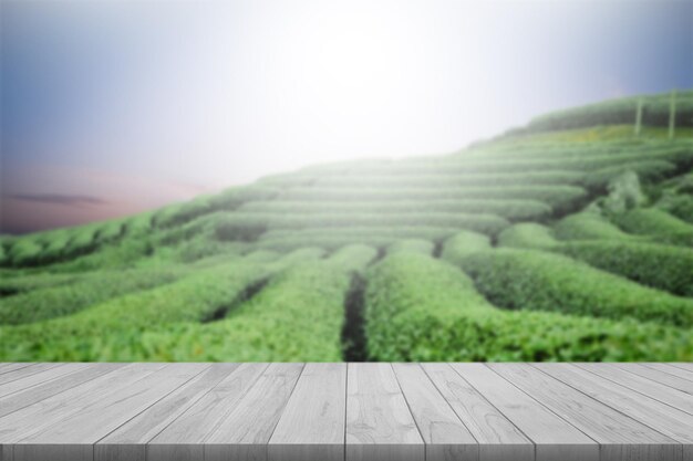 Empty wood table top tea garden banner background