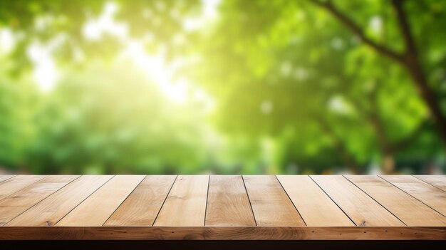 Empty wood table top and view from blurred green tree