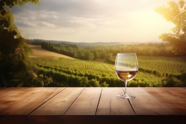 空の木のテーブルトップとワインのグラス