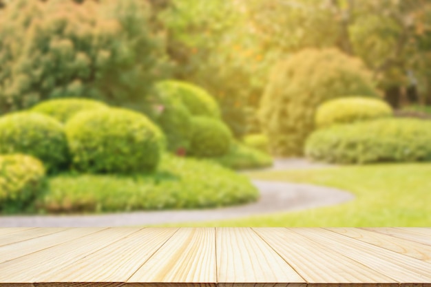 Empty wood table top with abstract blur park garden background