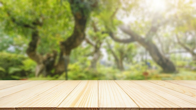 Empty wood table top with abstract blur park garden pond background