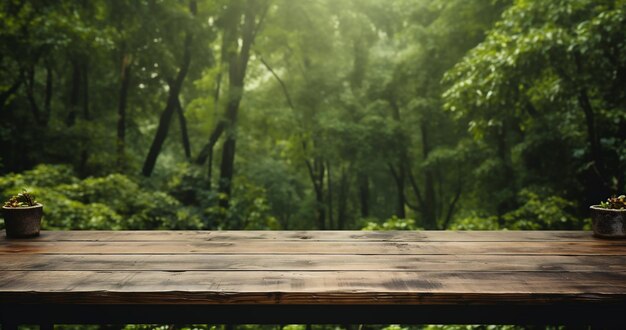 製品の展示のために,ぼんやりした緑色の森林の背景で空の木製のテーブルトップ