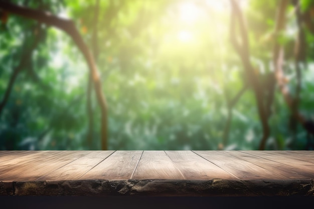 Empty wood table top with blur jungle background AI generated