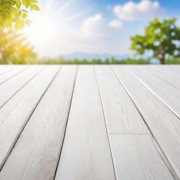 Empty wood table top with a blurred background generated by ai