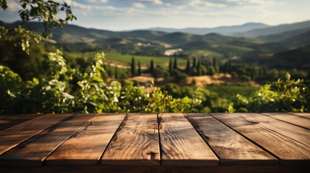 Photo empty wood table top with on blurred vineyard landscape background display or montage your product