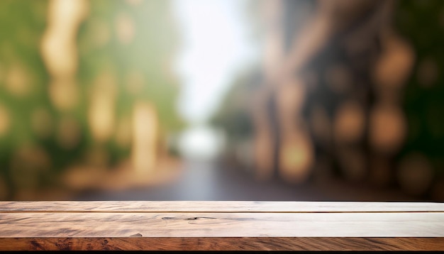 Foto tavolo in legno vuoto con sfondo sfocato interno ristorante caffetteria