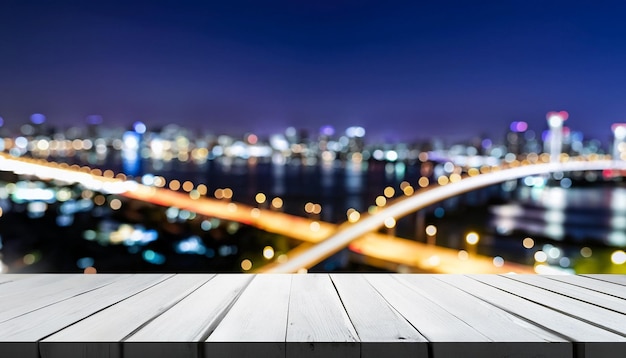 Empty wood table Top with city night background for product display