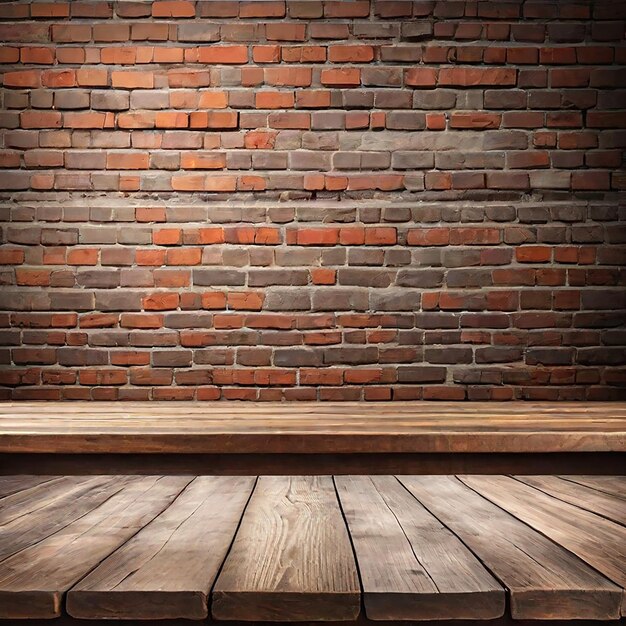 Empty wood table top with old brick wall background generated by AI