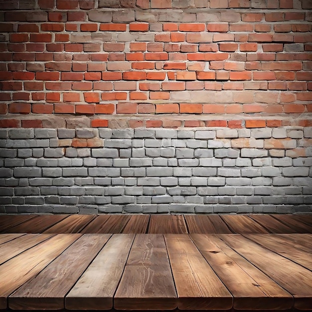 Empty wood table top with old brick wall background generated by AI