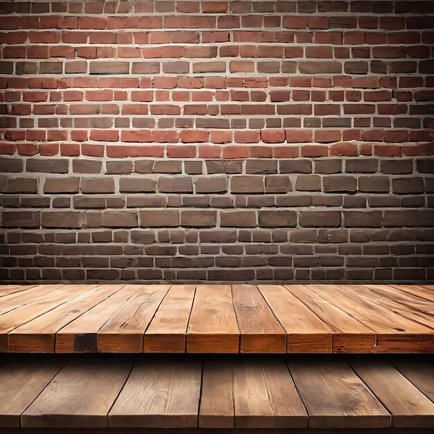 Empty wood table top with old brick wall background generated by AI