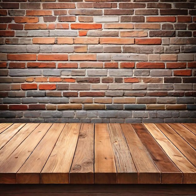 Empty wood table top with old brick wall background generated by AI