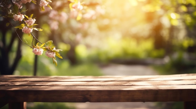 Empty wood table top with soft spring landscape blurred background Generative AI