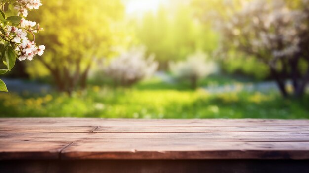 Empty wood table top with soft spring landscape blurred background Generative AI