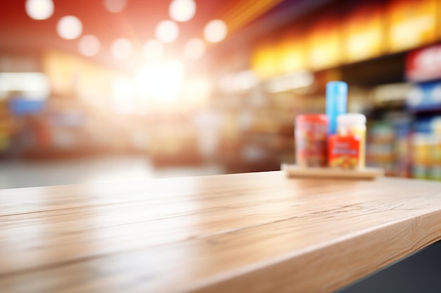 Photo empty wood table top with supermarket grocery store aisle and shelves blurred background