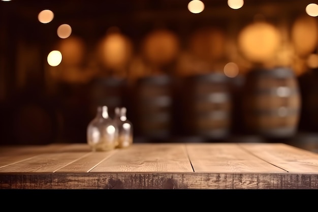 Empty wood table in a winery blurred background ai generative illustration