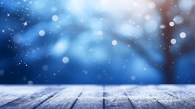 Empty Wood table with blur bokeh blue background