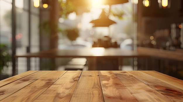 빈 나무 테이블과 흐릿한 커피 배경 깨한 밝은 빛 전면 모크 생성 AI