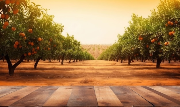 Empty wood table with free space over orange trees orange field background generative AI