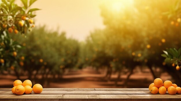 Empty wood table with free space over orange trees orange field background For product display montage Generative AI