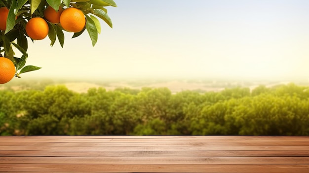 オレンジの木の上に空きスペースのある空き木のテーブル オレンジフィールドの背景 製品ディスプレイのモンテージ