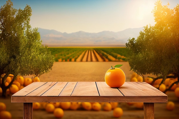 Empty wood table with free space over orange