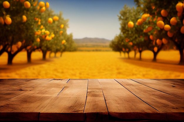 Empty wood table with free space over orange