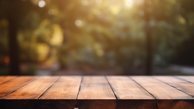 Empty wood table with green trees blurred background copy space for product promotion