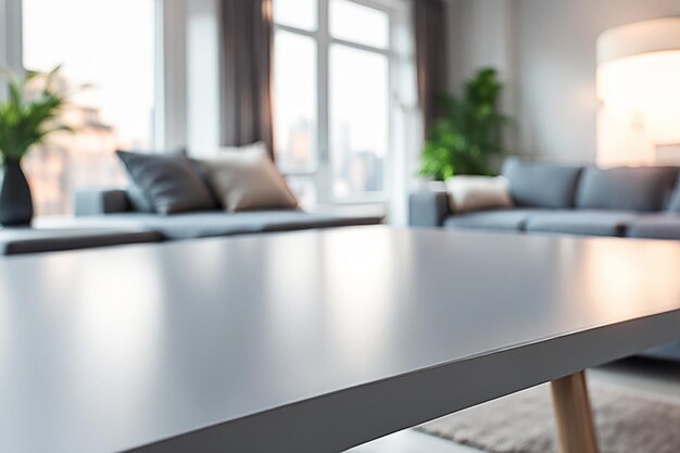 Foto tavolo o bancone di legno vuoto con prodotto espositivo immagine sfocata dello sfondo del soggiorno