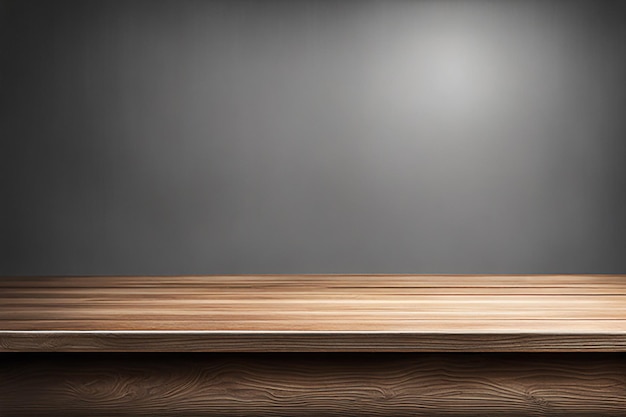 디스플레이 제품과 함께 빈 나무 테이블 회색 벽 배경의 흐릿한 이미지