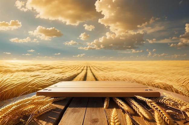 Фото Пустая деревянная доска на фоне поля золотой пшеницы на ветру