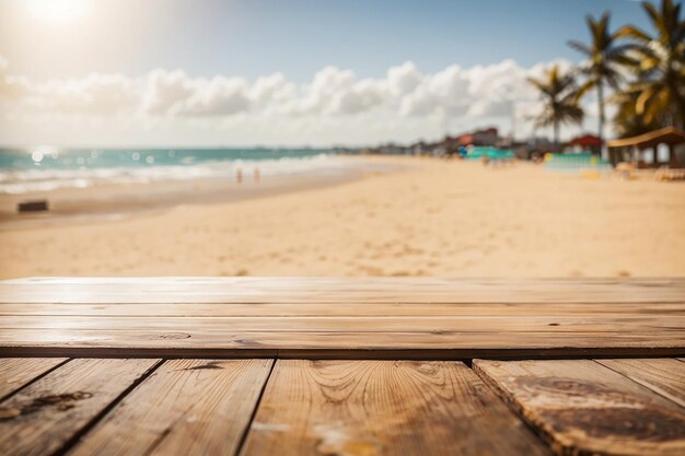 An empty wooden board against a defocused sunny beach