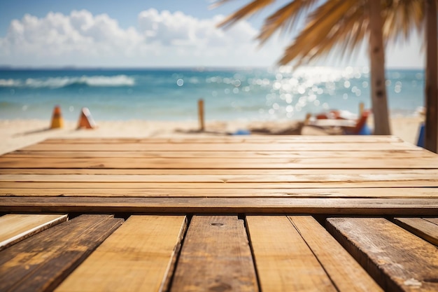 An empty wooden board against a defocused sunny beach
